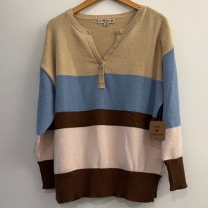 CHNGE Women's V-Neck Sweater in Cream, Blue, and Brown